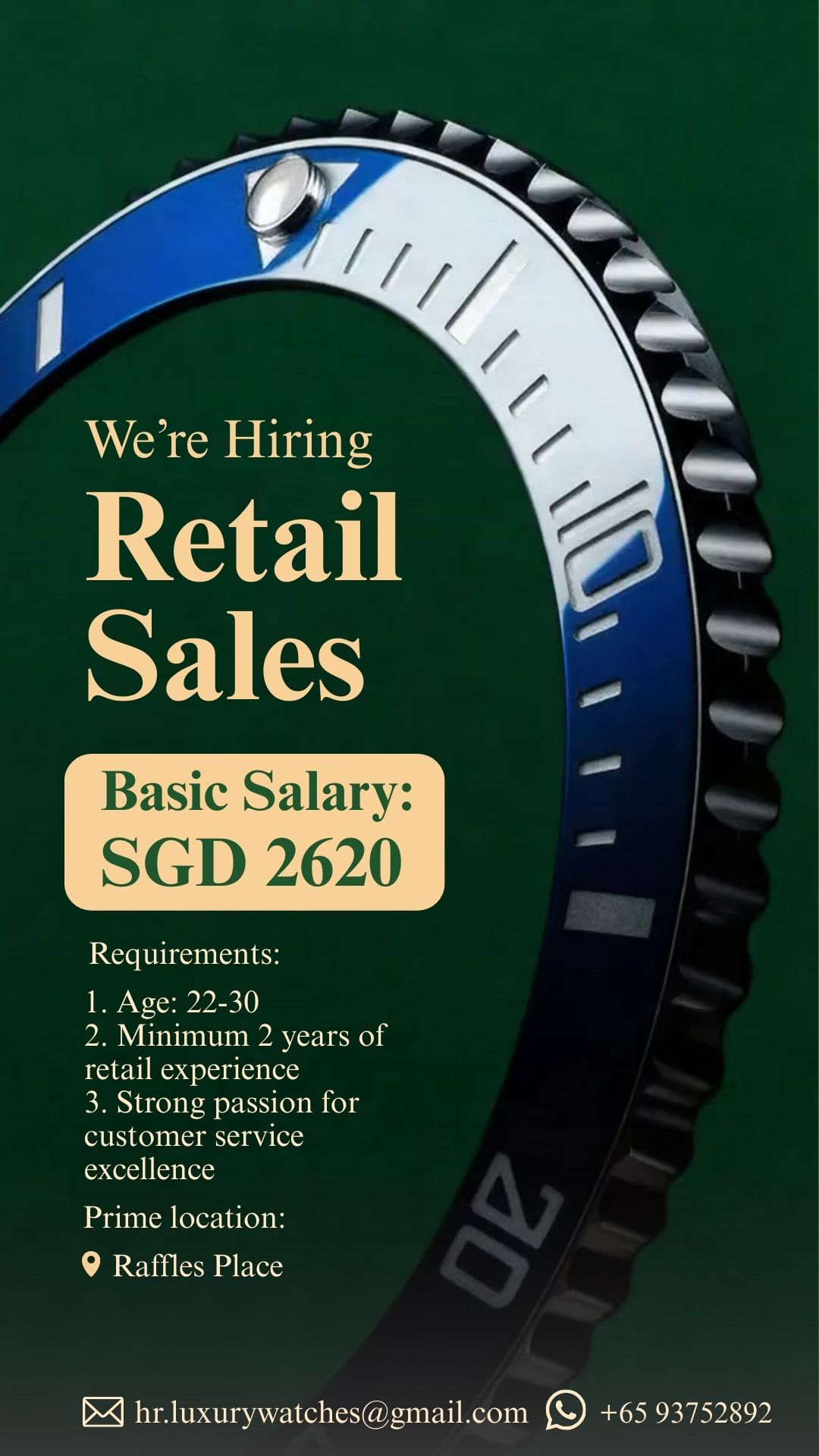 Luxury retail sales job advertisements featuring watch designs with salary details and requirements for positions in Singapore