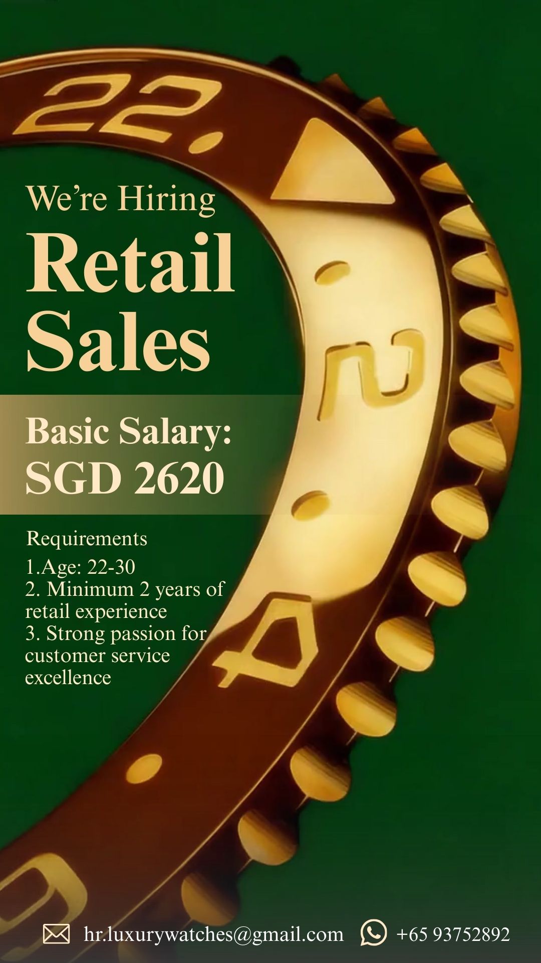 Luxury retail sales job advertisements featuring watch designs with salary details and requirements for positions in Singapore