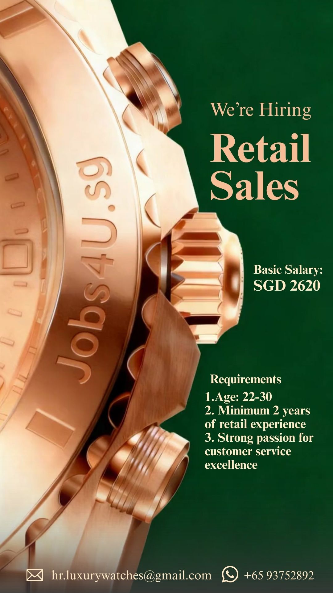 Luxury retail sales job advertisements featuring watch designs with salary details and requirements for positions in Singapore